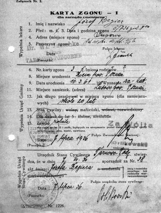Karta zgonu z 1936 roku. Ze zbiorów archiwum cmentarza w Lusowie