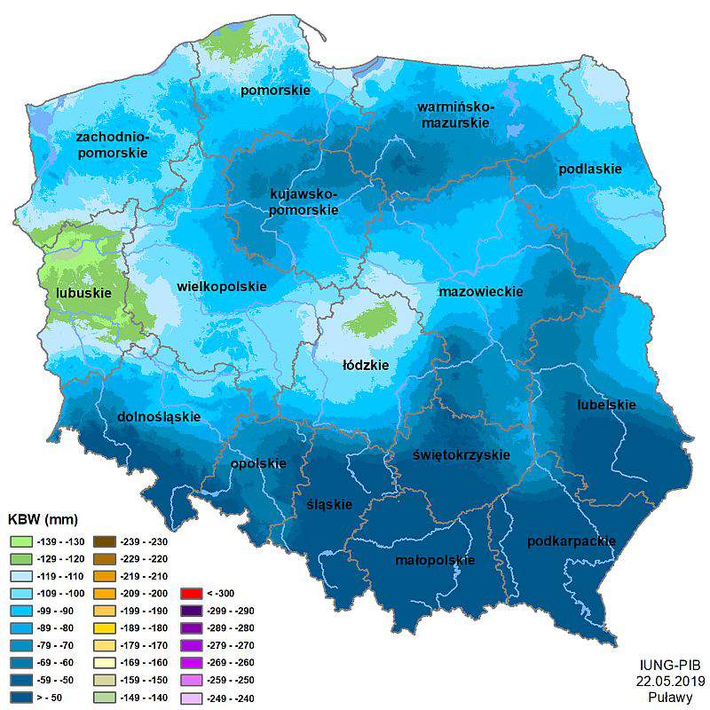 Według  mapy Klimatycznego Bilansu Wodnego najbardziej deficyt wody jest odczuwalny na terenie Pojezierza Lubuskiego i w pradolinie Warciańsko-Odrzańskiej 