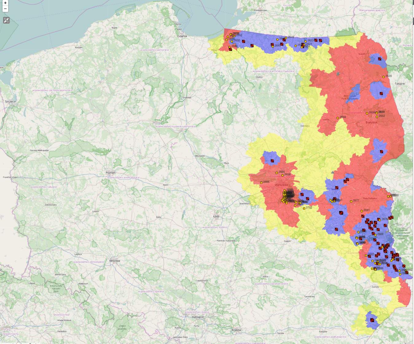 Mapa ogniska ASF i przypadki ASF w Polsce stan na 21 sierpnia 2018 roku Mapa: Główny Inspektorat Weterynarii