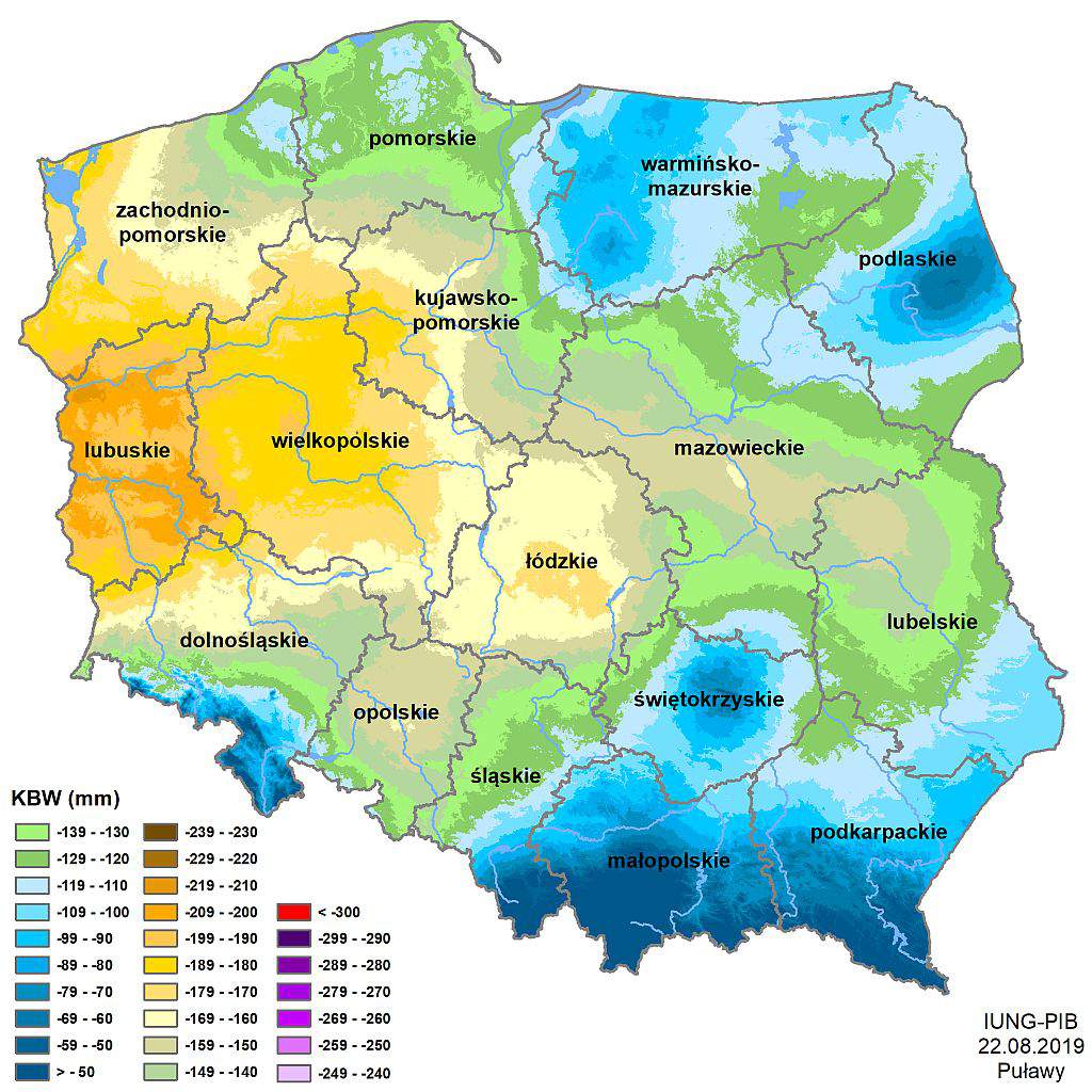 Największy deficyt wody odnotowano na obszarze Pojezierza Lubuskiego oraz na obszarze województw: wielkopolskiego, łódzkiego oraz w części woj. zachodniopomorskiego 