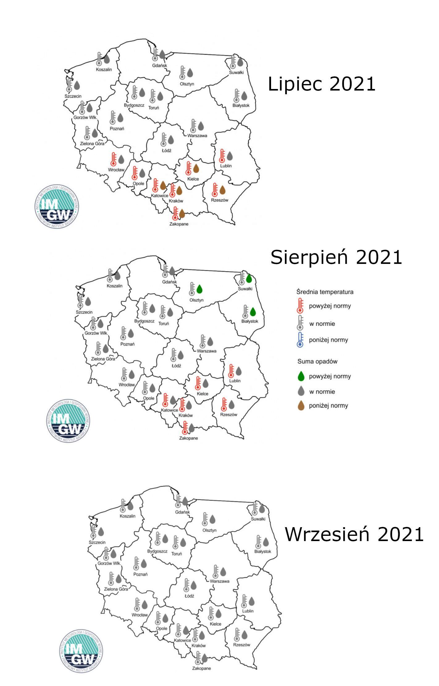 . Prognoza średniej miesięcznej temperatury powietrza i miesięcznej sumy opadów atmosferycznych na lato 2021 r. dla wybranych miast w Polsce.
